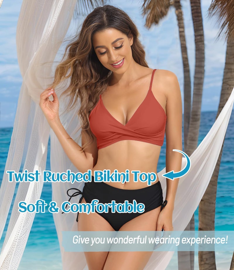 Balasami Women's Push Up Sexy V Neck Adjustable Twist Ruched Front Bikini Swimsuit Top Only Rust Red - Image 3